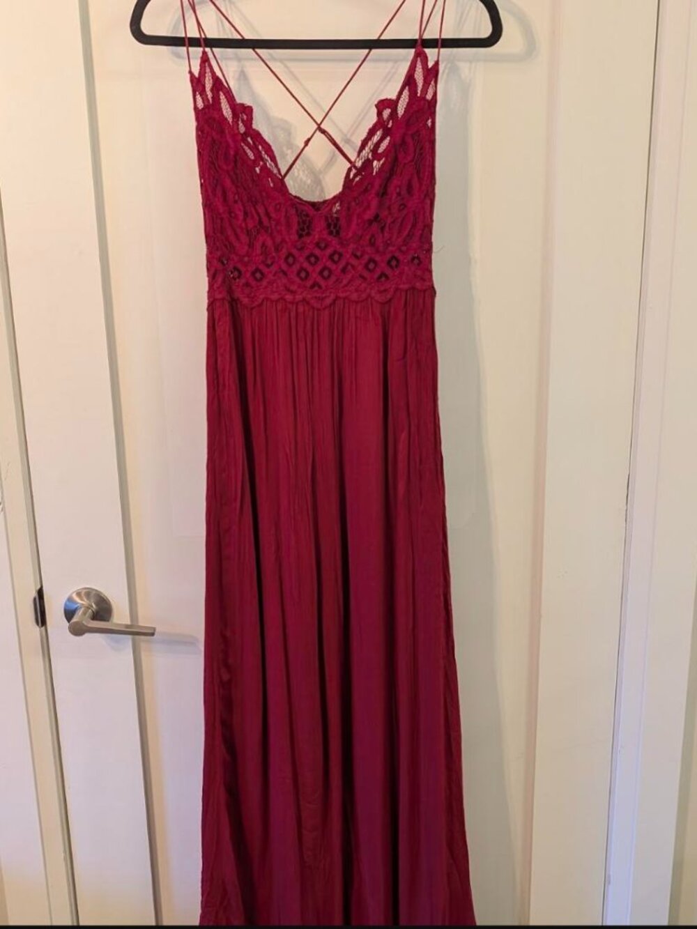 Free People FP One Adella Maxi Slip Dress Wine Burgundy Crochet Lace Size S/M